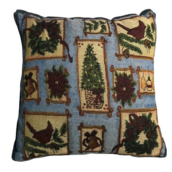 Holiday Tapestry Pillow Festive Wreath, Tree & Cardinal Design 14.5 X 14.5” - Picture 1 of 6